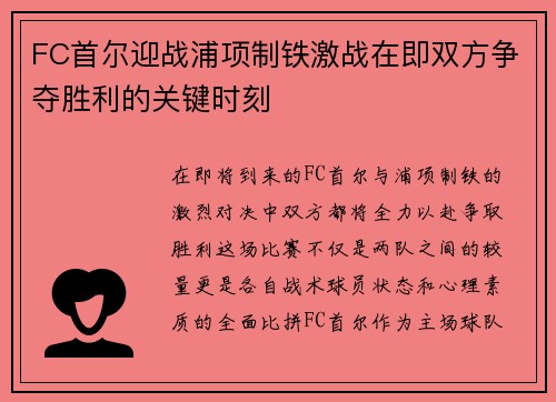 FC首尔迎战浦项制铁激战在即双方争夺胜利的关键时刻