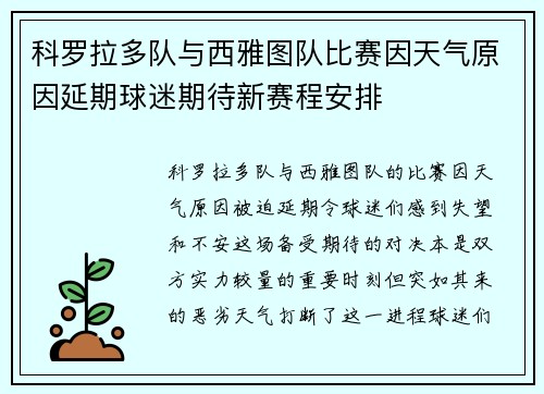 科罗拉多队与西雅图队比赛因天气原因延期球迷期待新赛程安排