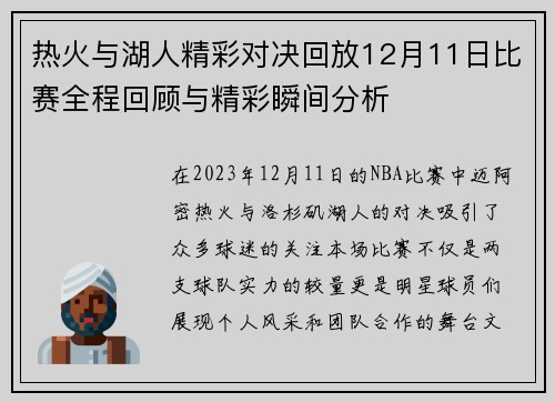 热火与湖人精彩对决回放12月11日比赛全程回顾与精彩瞬间分析